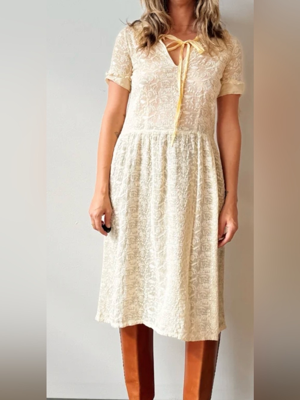 RARE 1920’s Vintage Women's Cream embroidered cotton Midi Dress